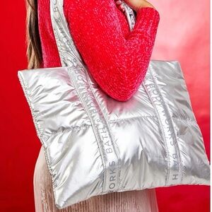 Bath & Body Works Metallic Silver Puffy Tote Bag 2024